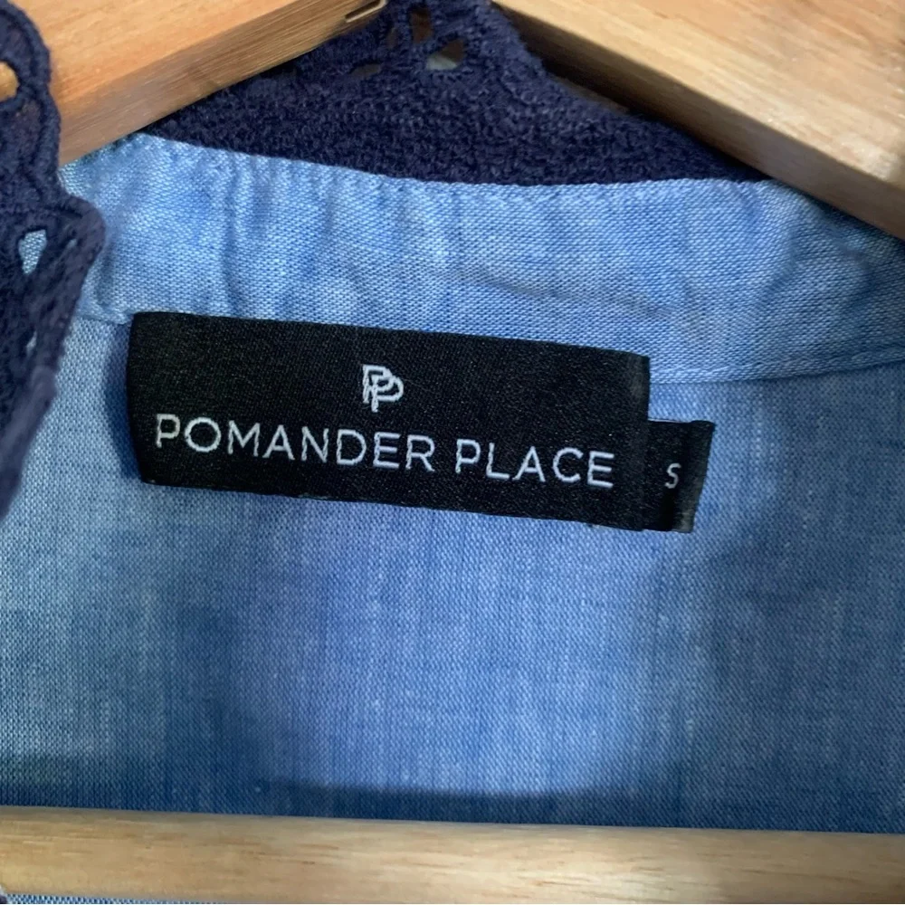 Pomander Place Tuckernuck Blue Linen Blend Lace Trim Maxi Shirt Dress S